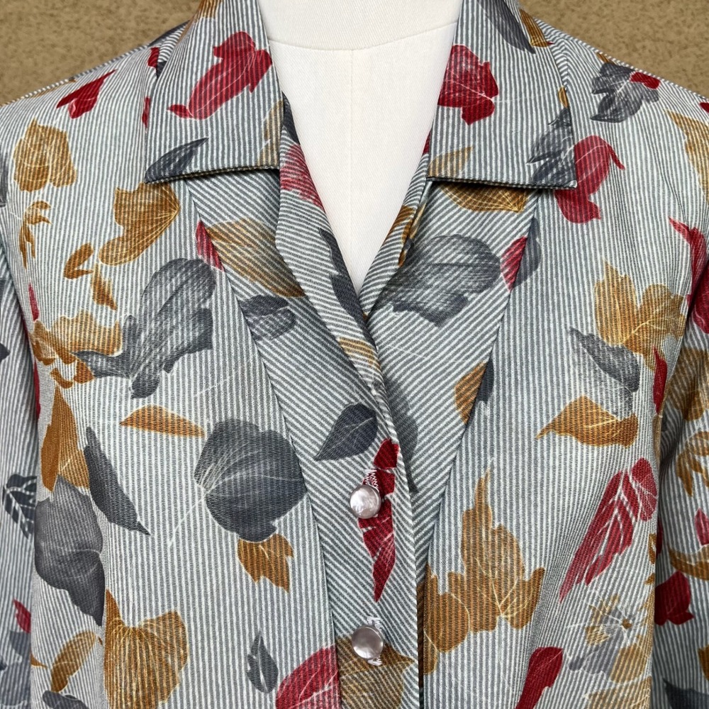 Alamode of California Vintage Pinstripe Leaf Print Blouse Blue Red Gold XL